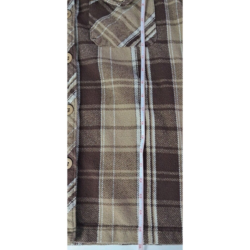 Empyre Mens Medium Plaid Hooded Button Up Jacket Shacket Brown White - Picture 5 of 6